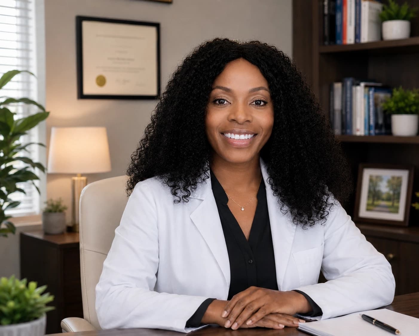 Ifeoma “Ify” Agudosi, MSN, PMHNP-BC, smiling warmly at her desk.
